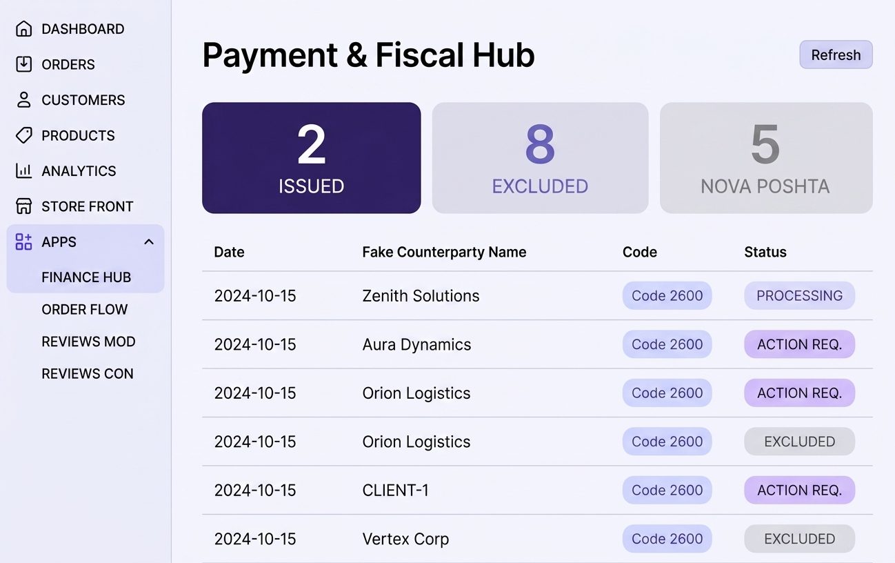 Payment & Fiscal Hub dashboard listing issued, excluded and courier-bound orders.