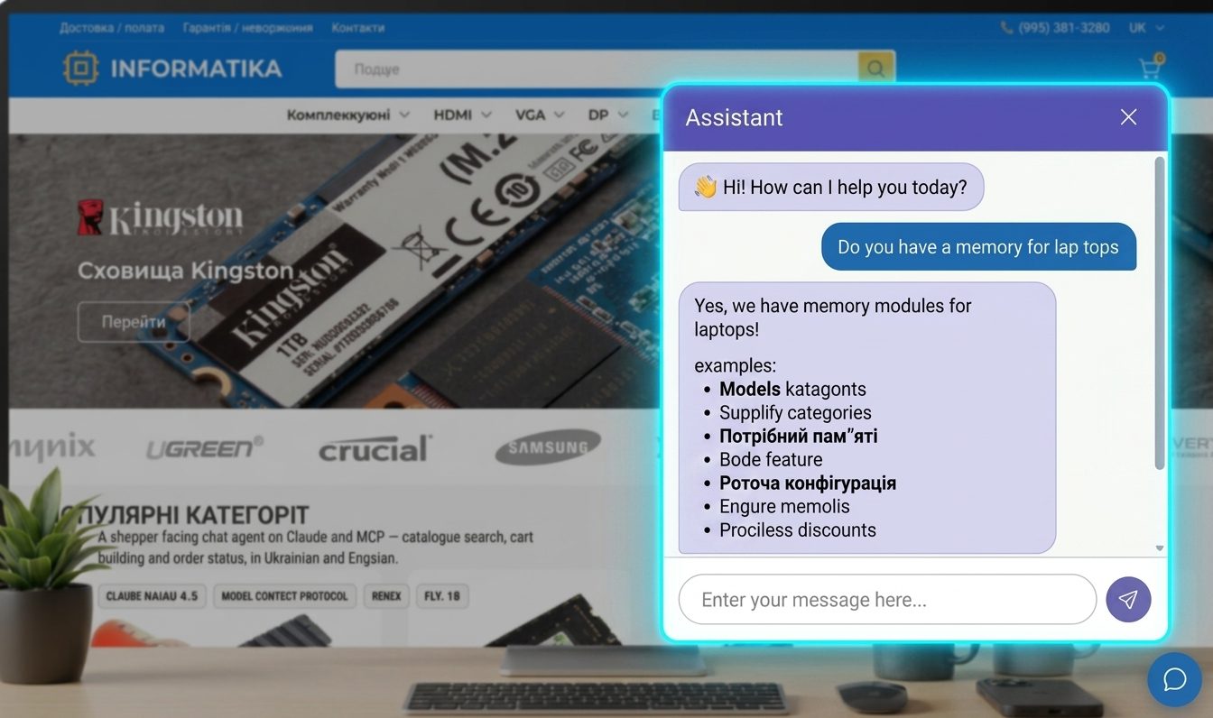 Storefront chat widget answering a laptop-memory question on the live site.