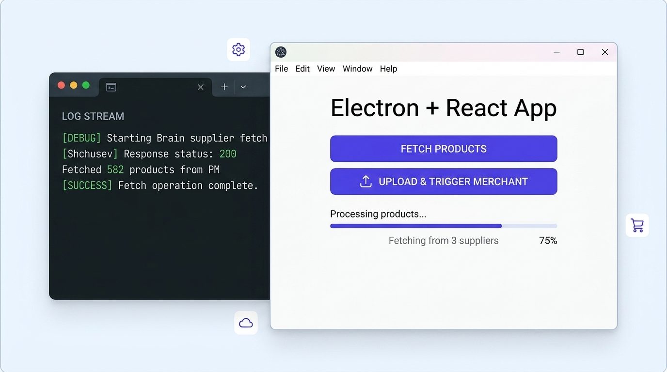 Electron + React desktop app fetching products from three suppliers.